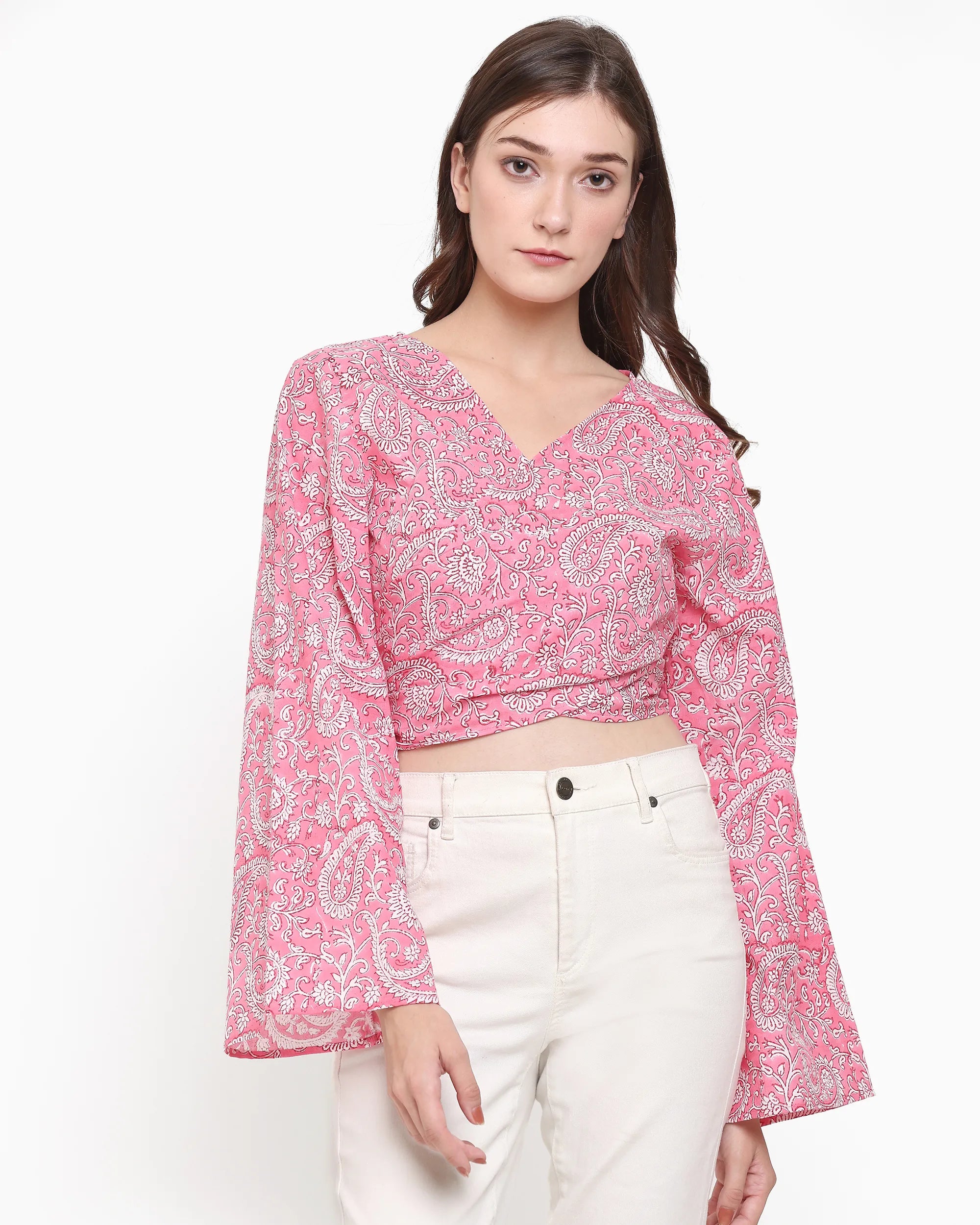 Ava Paisley Pink Wrap Crop Top | Singhvis