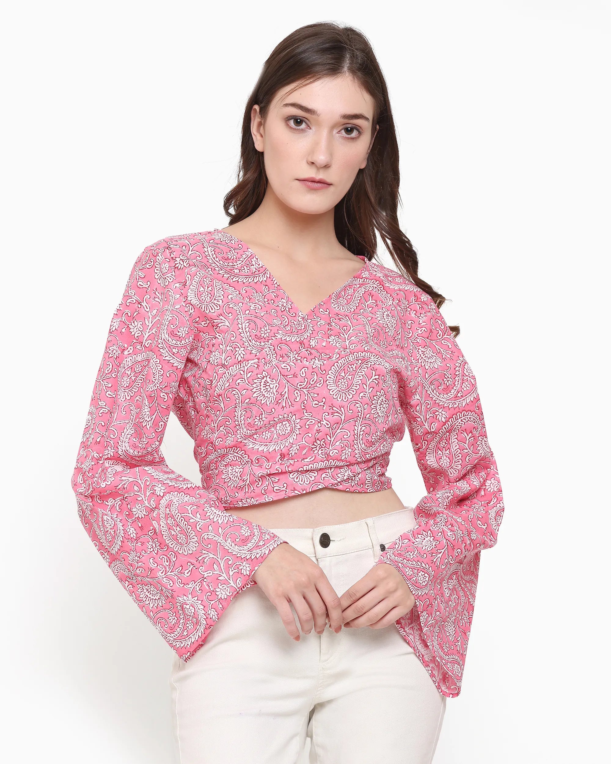 Ava Paisley Pink Wrap Crop Top | Singhvis