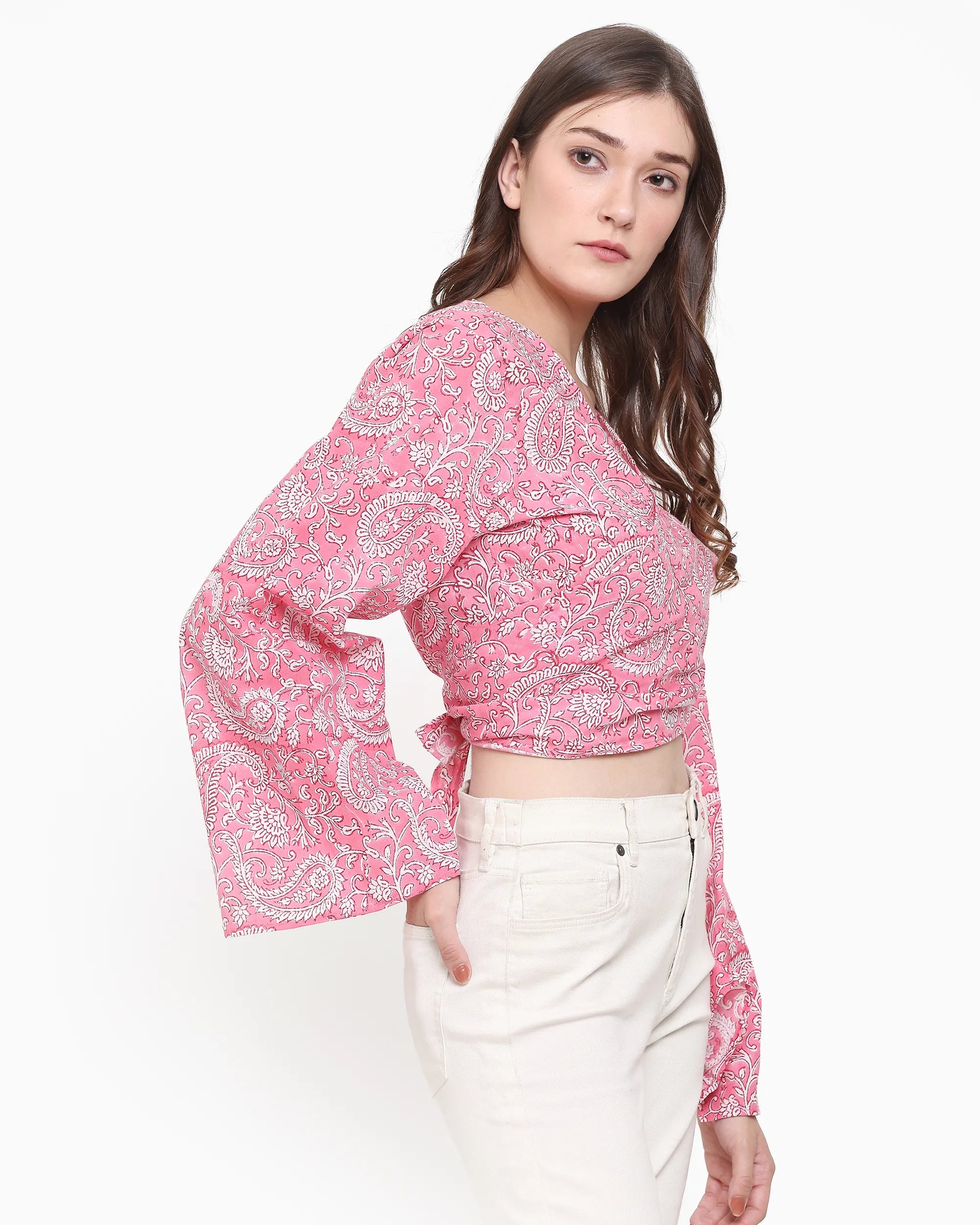 Ava Paisley Pink Wrap Crop Top | Singhvis