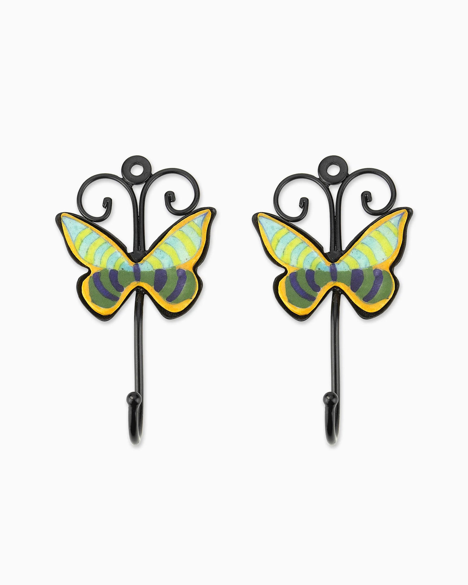 Ceramic Butterfly Iron Tile Hook (Set of 2) Green | Singhvis