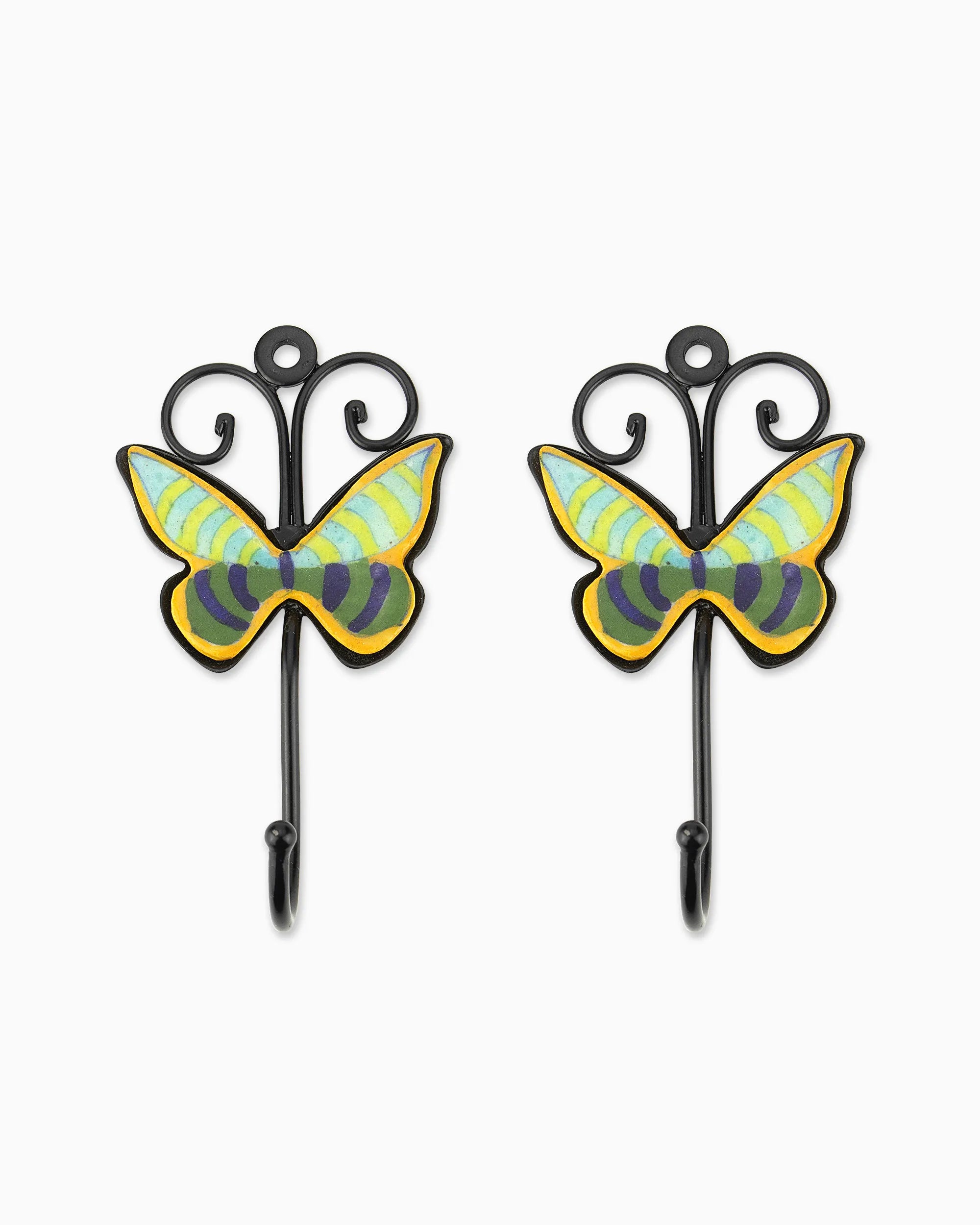 Ceramic Butterfly Iron Tile Hook (Set of 2) Green | Singhvis