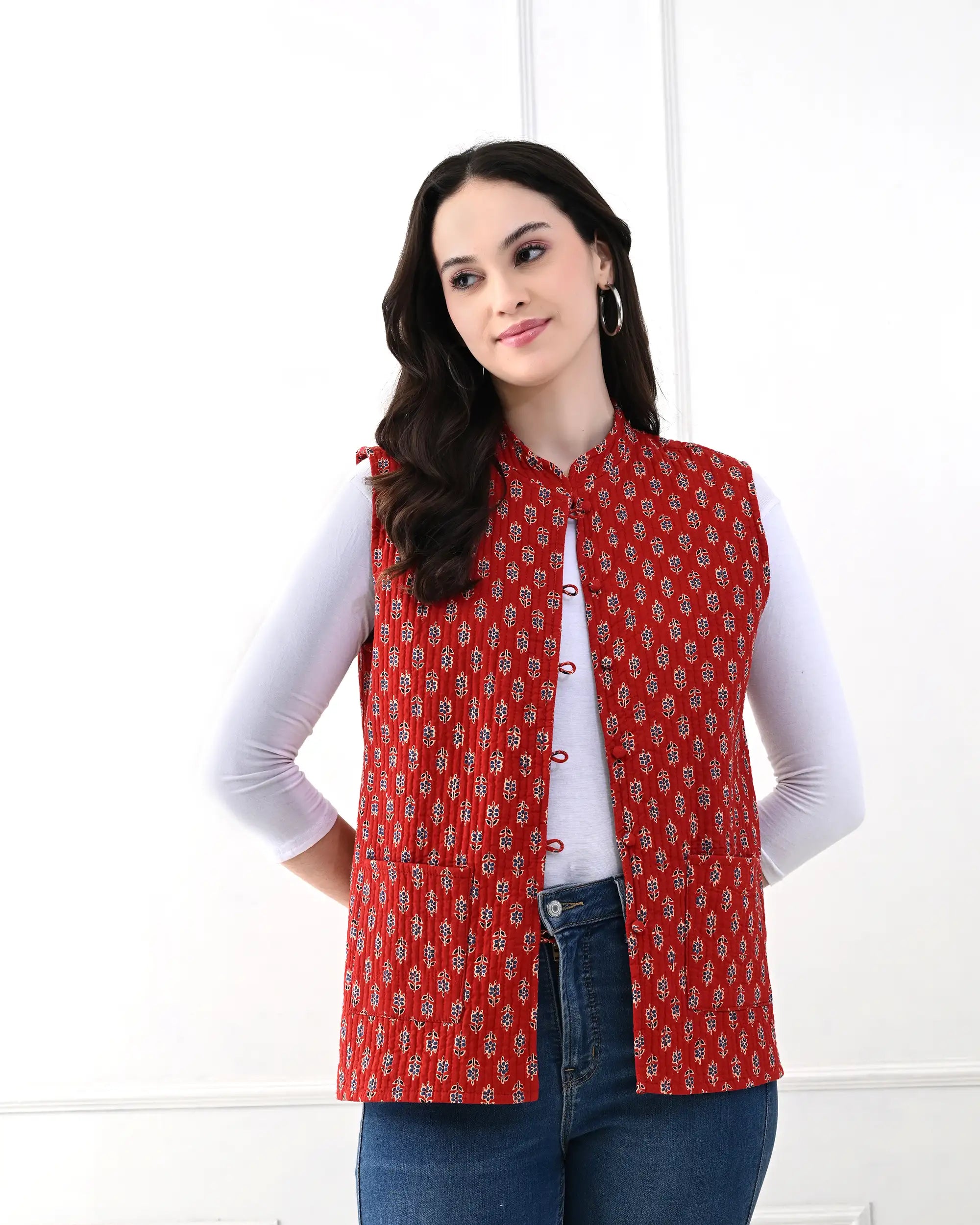 Crimson Floral Quilted Vest | Singhvis