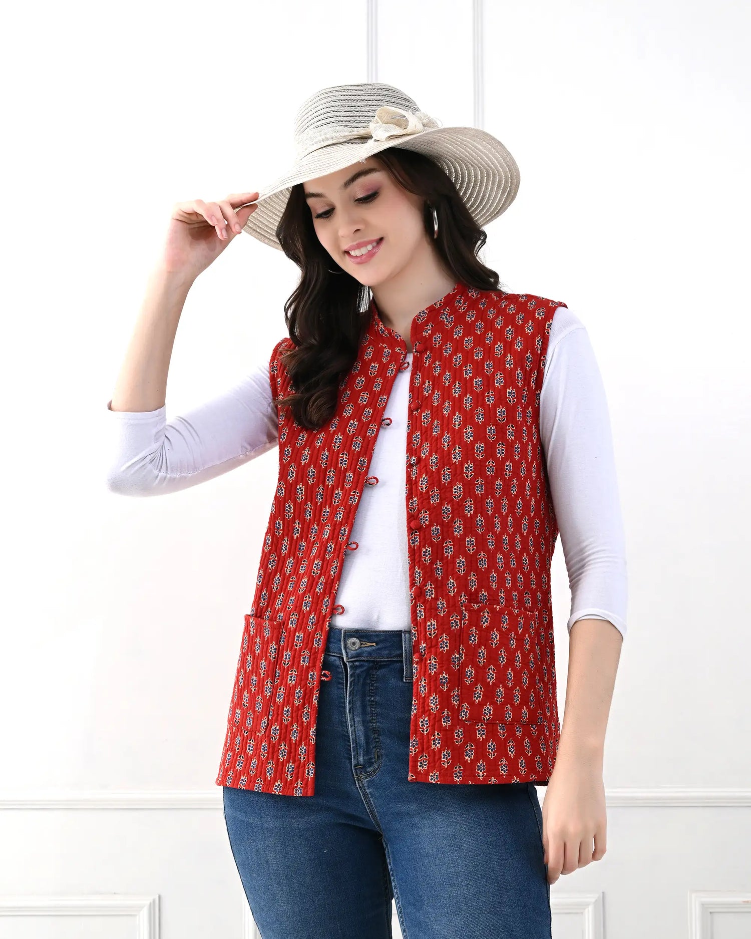 Crimson Floral Quilted Vest | Singhvis