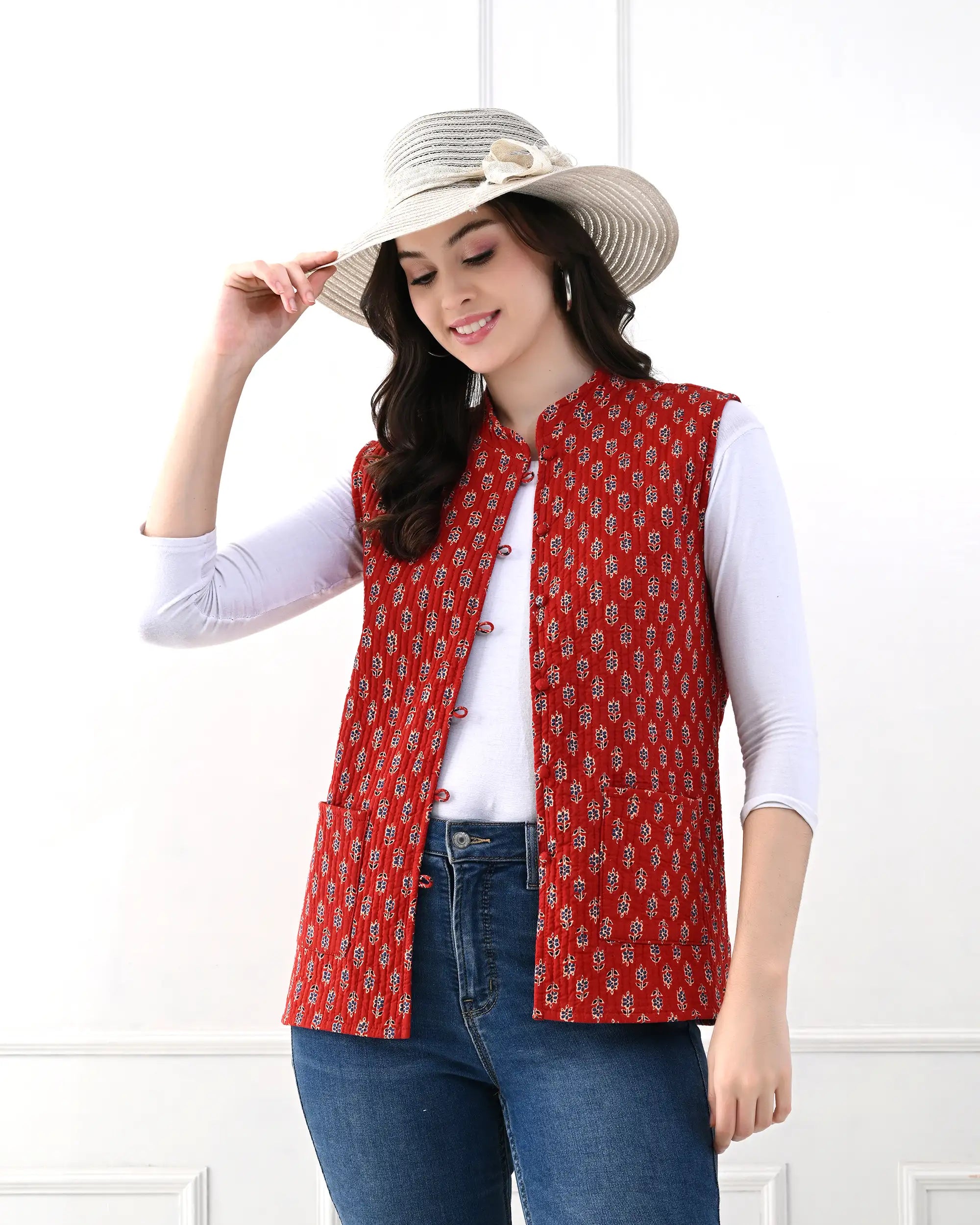 Crimson Floral Quilted Vest | Singhvis