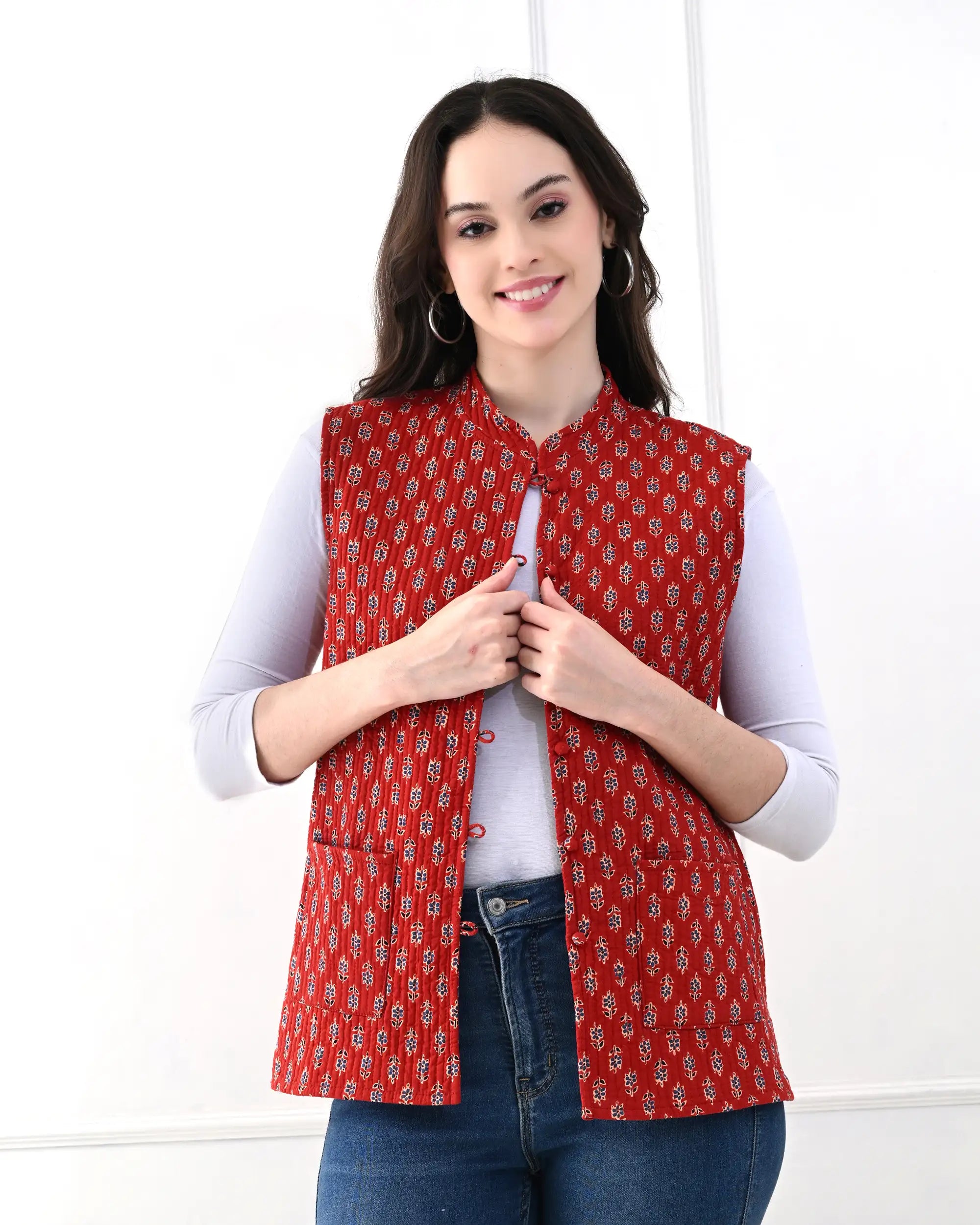 Crimson Floral Quilted Vest | Singhvis