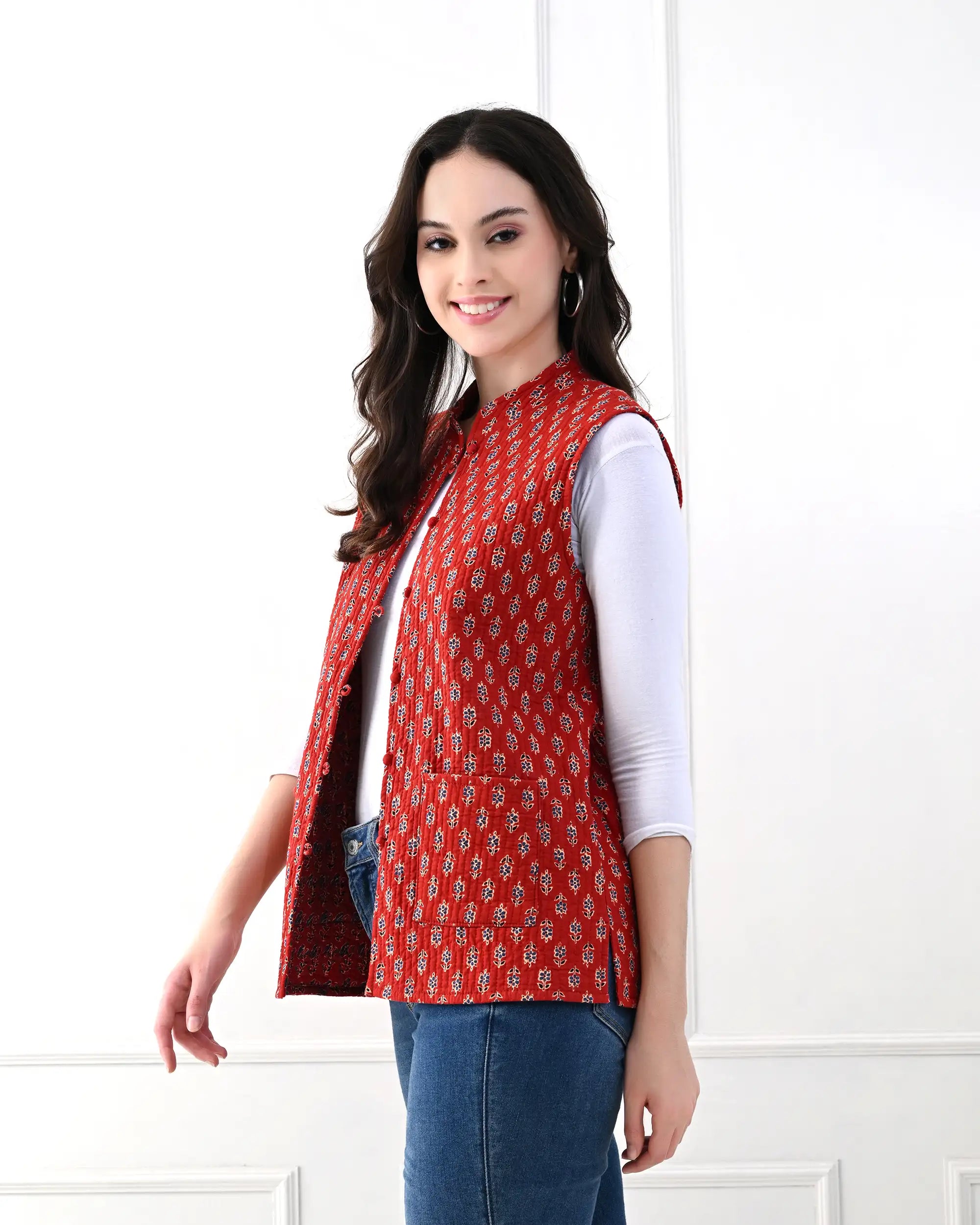 Crimson Floral Quilted Vest | Singhvis