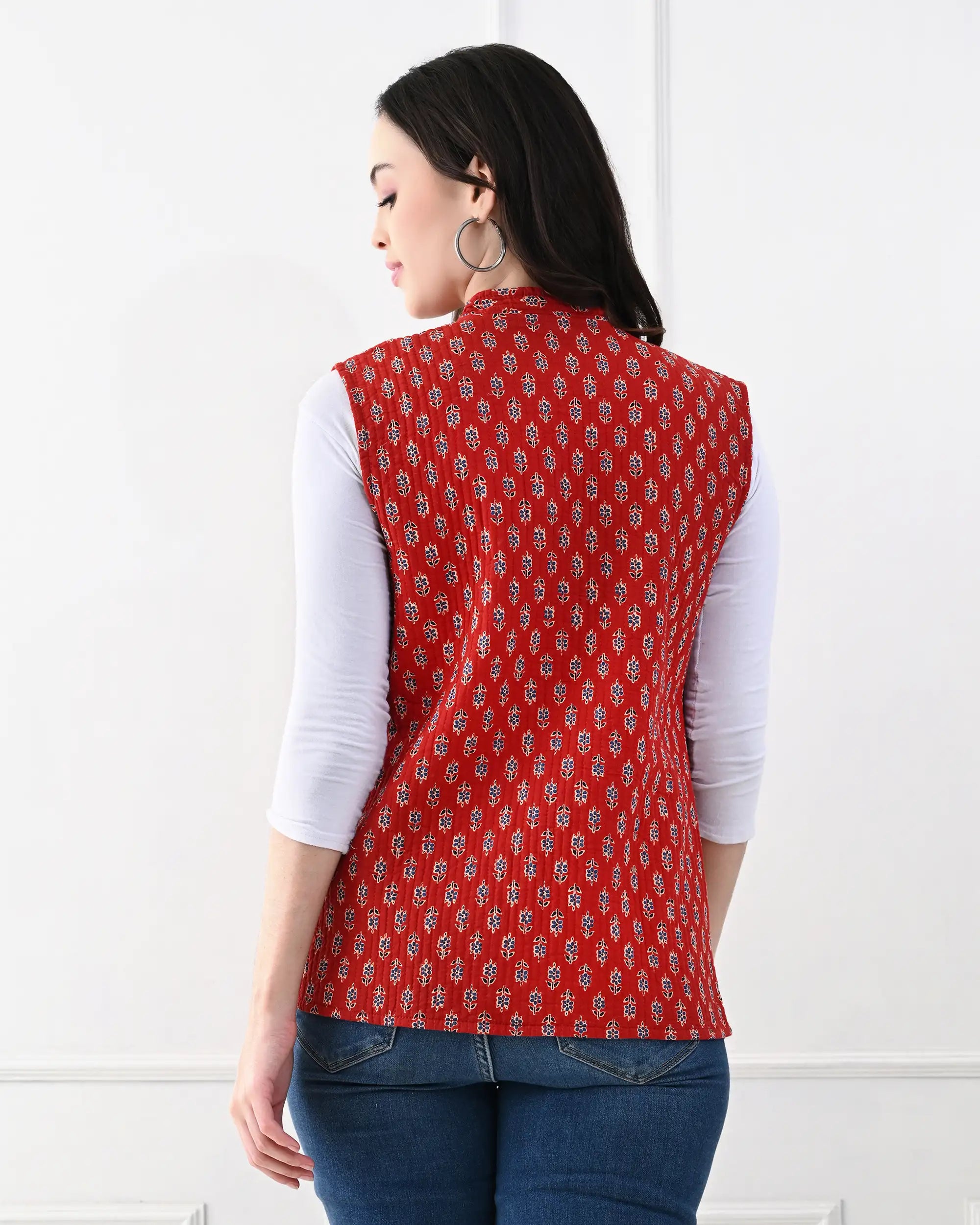 Crimson Floral Quilted Vest | Singhvis