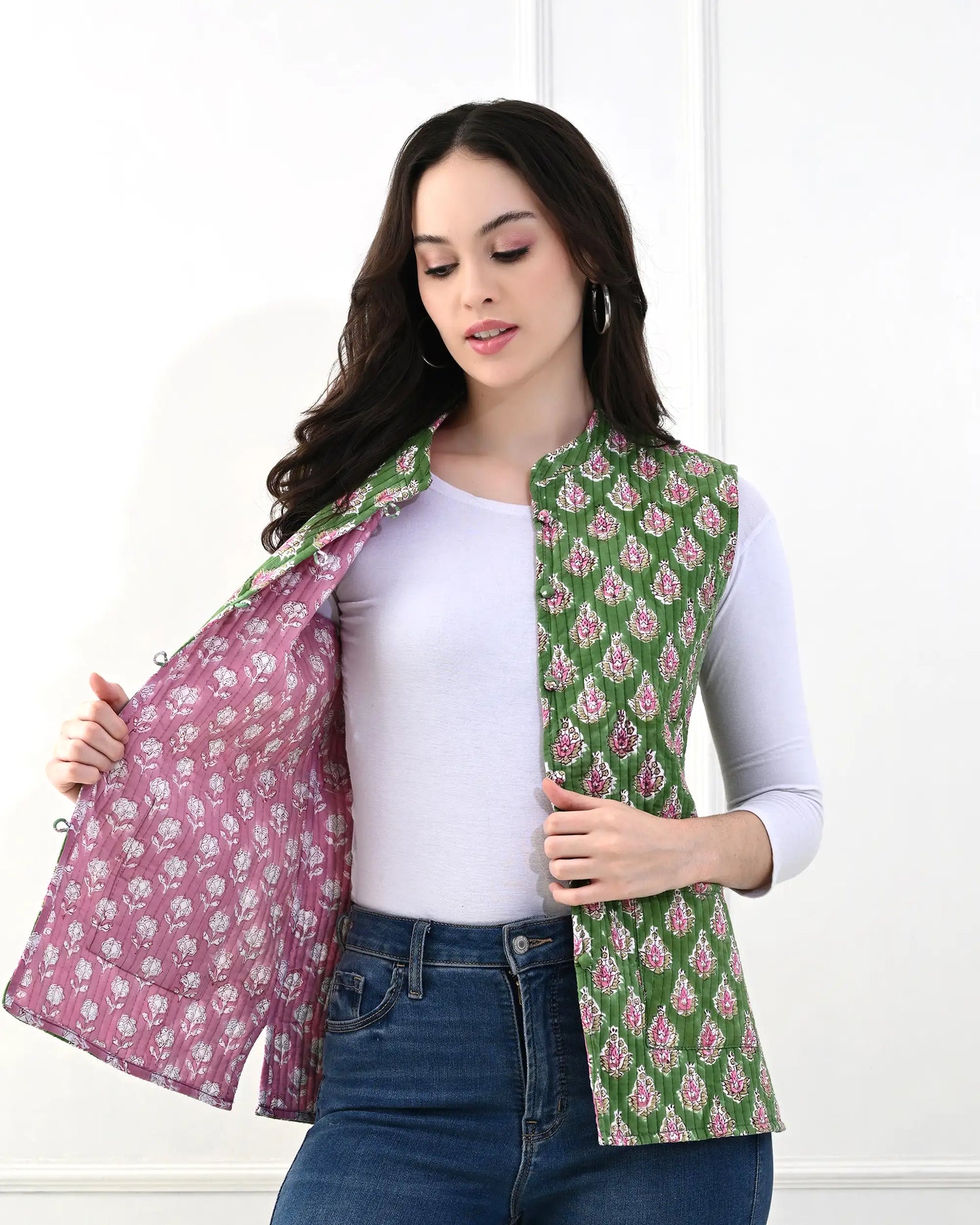 Emerald Floral Quilted Vest | Singhvis