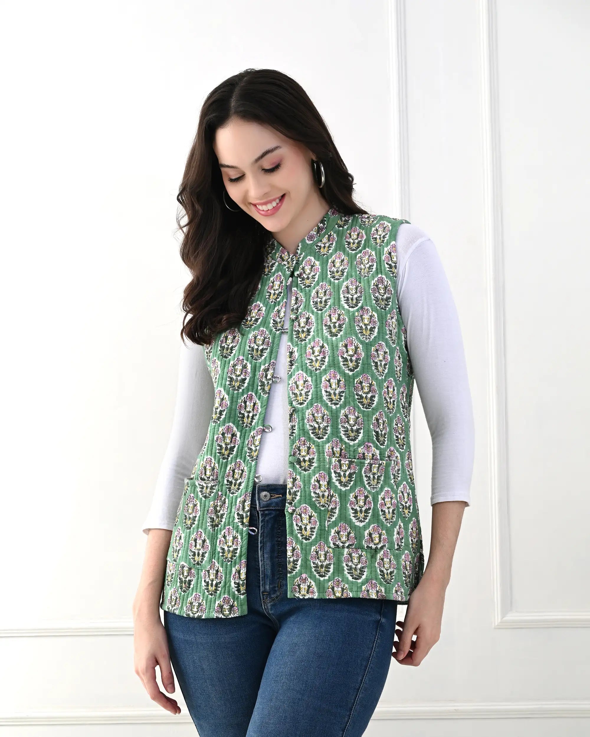 Green Lily Floral Quilted Vest | Singhvis
