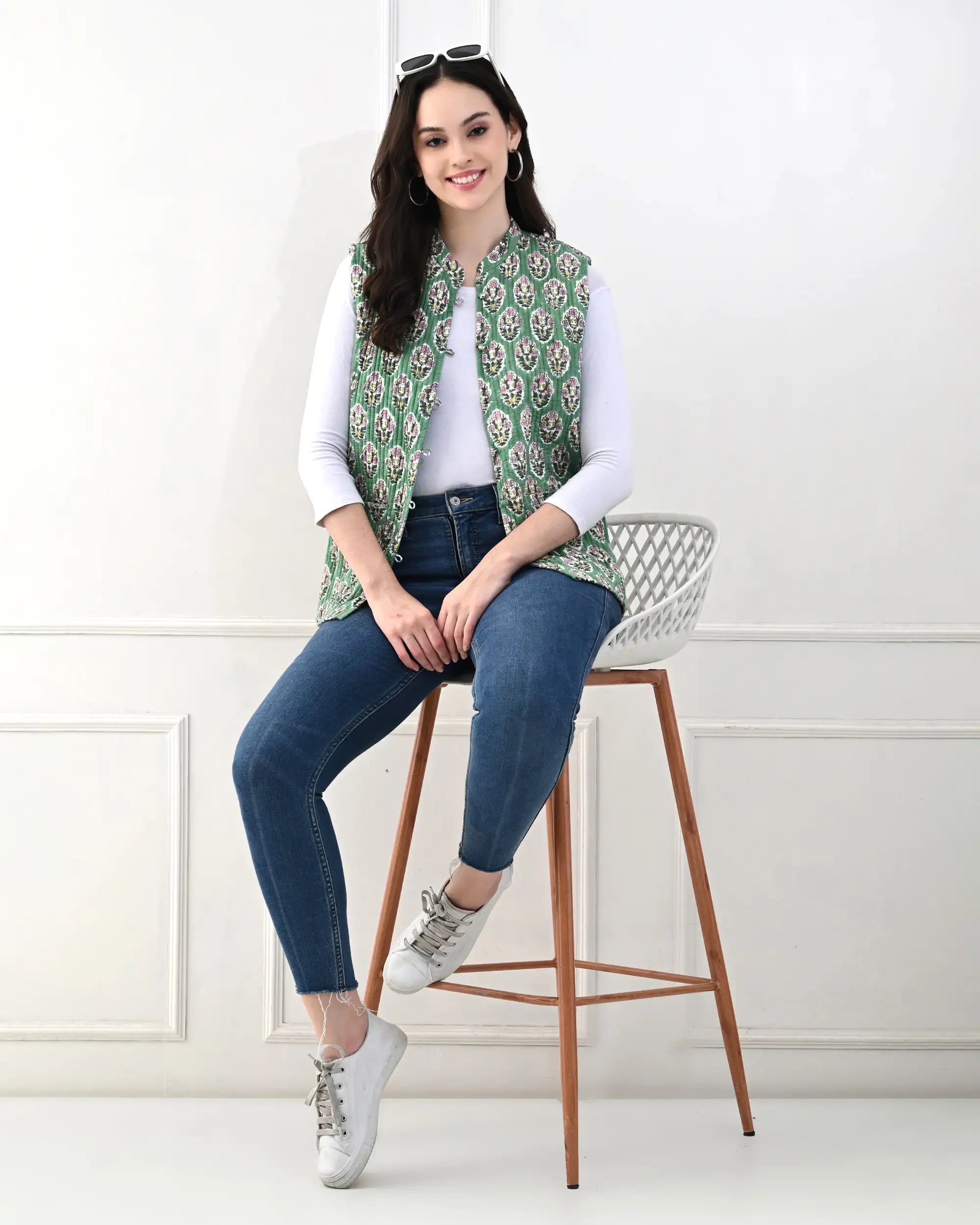Green Lily Floral Quilted Vest | Singhvis