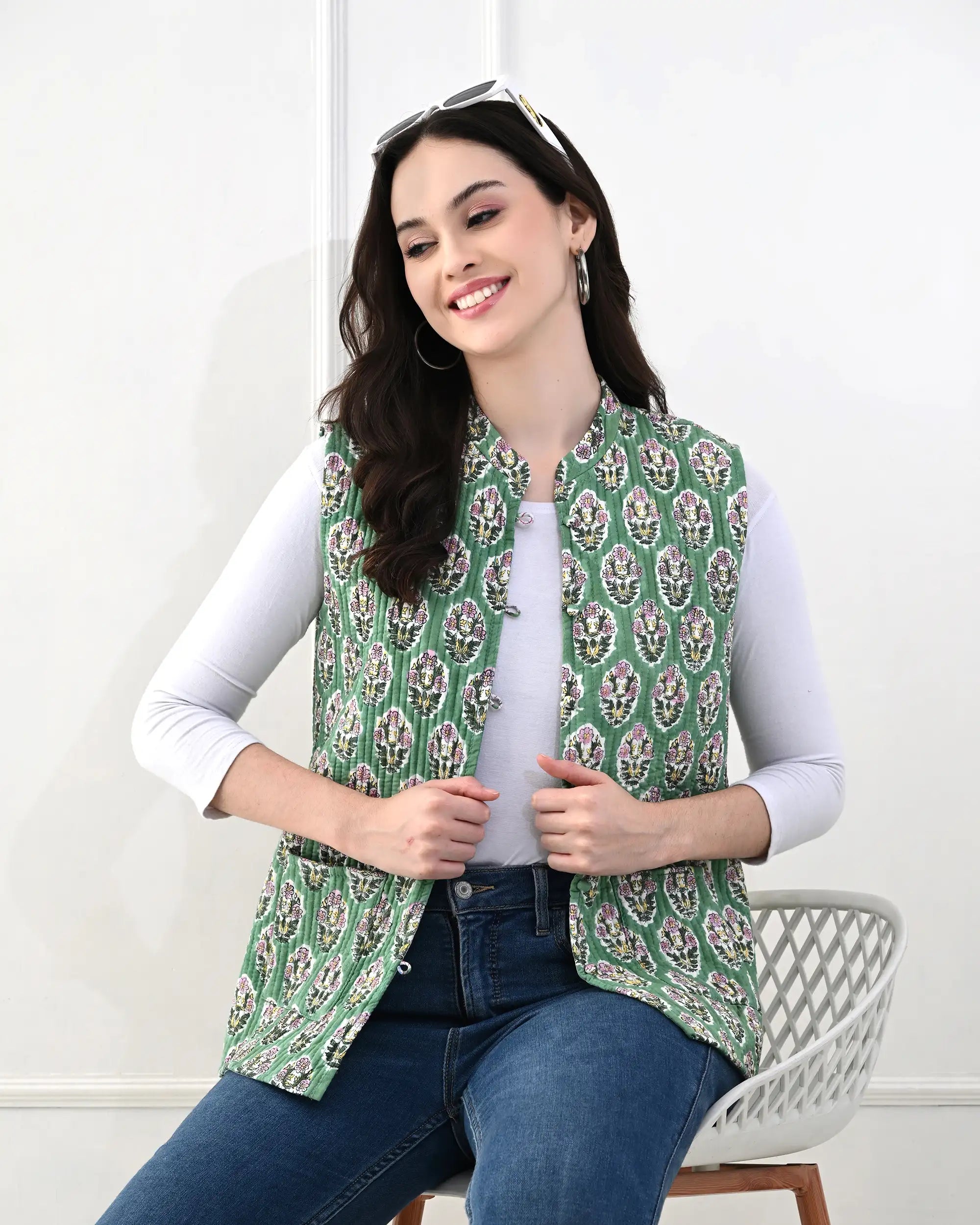 Green Lily Floral Quilted Vest | Singhvis