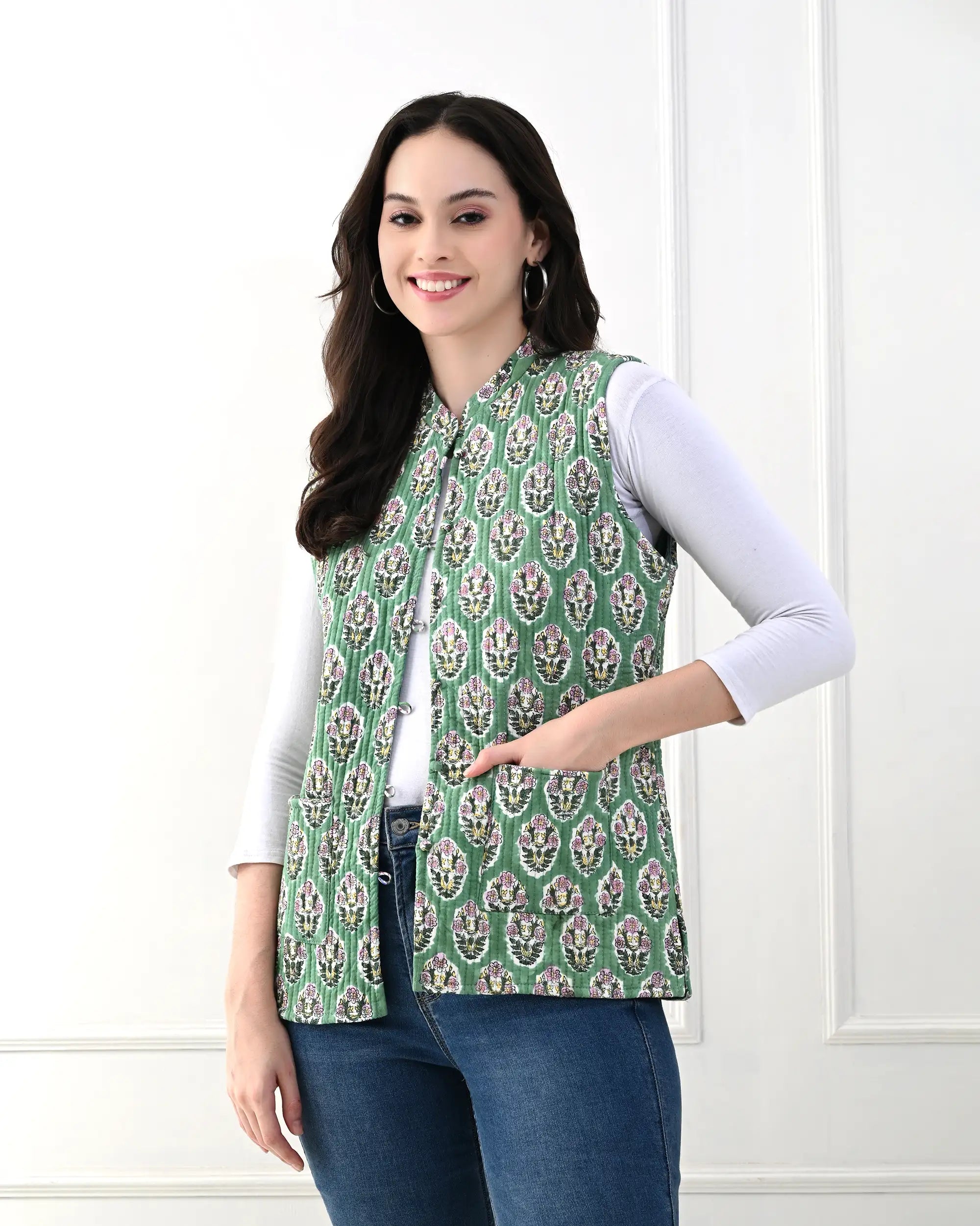 Green Lily Floral Quilted Vest | Singhvis