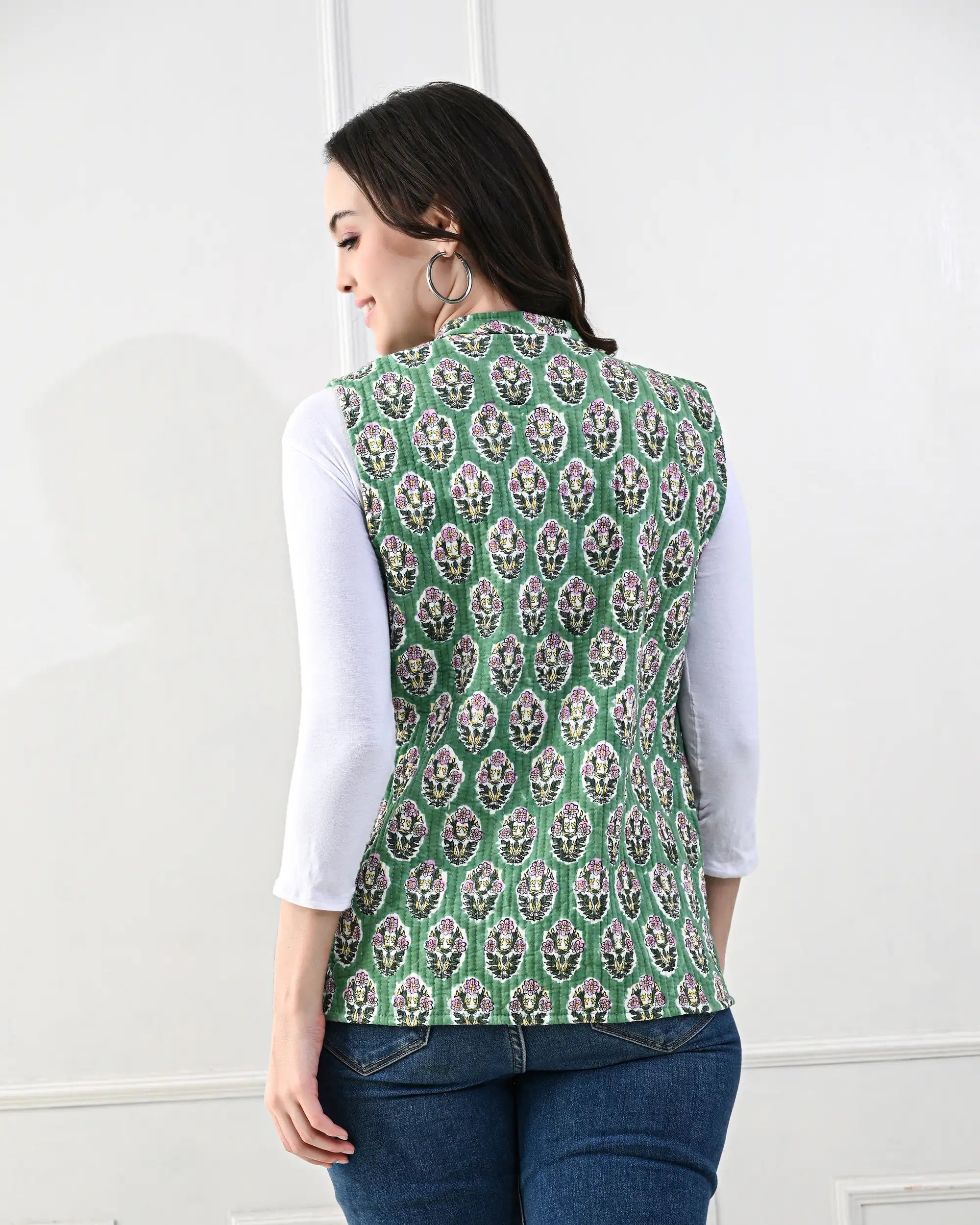 Green Lily Floral Quilted Vest | Singhvis