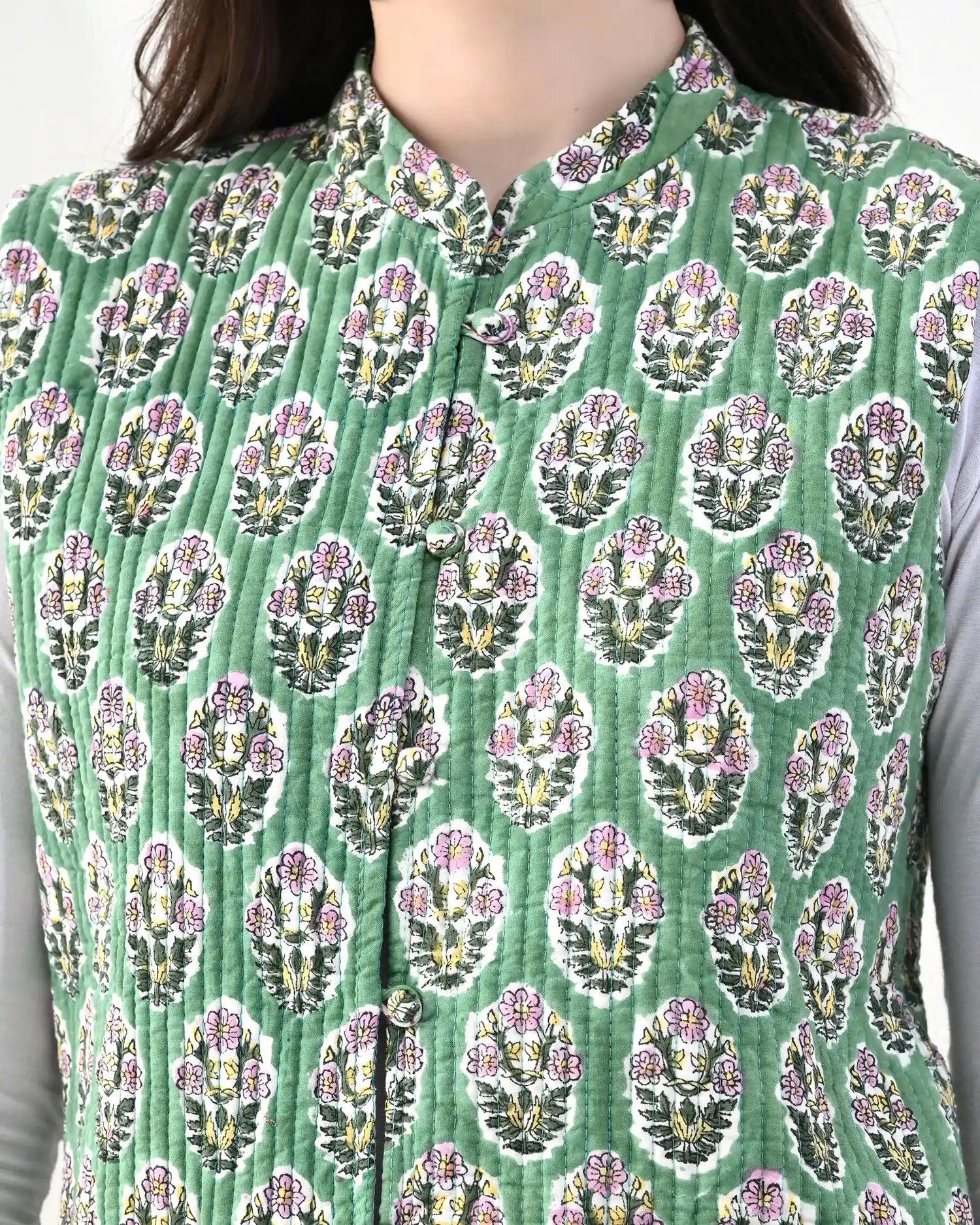 Green Lily Floral Quilted Vest | Singhvis