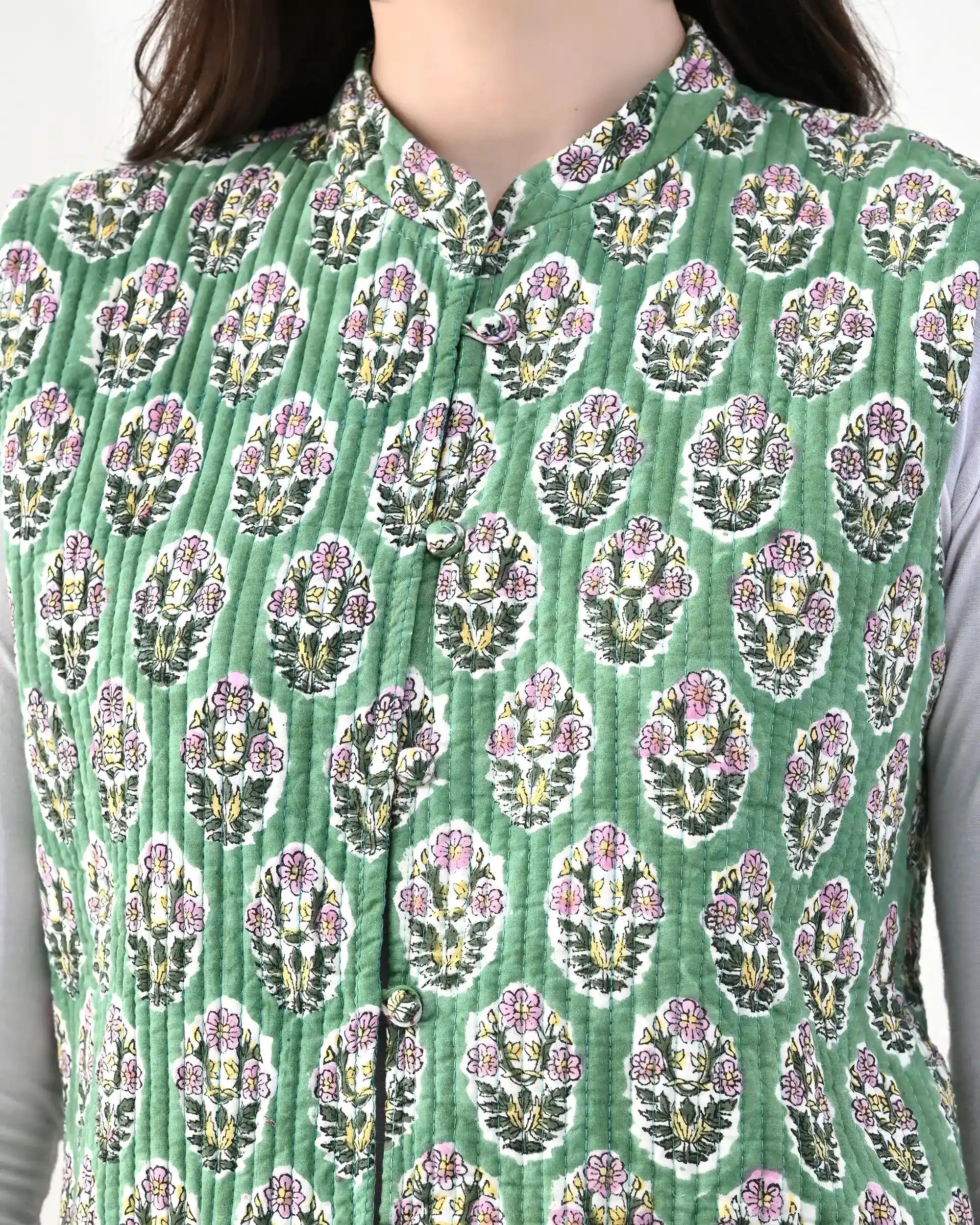 Green Lily Floral Quilted Vest | Singhvis