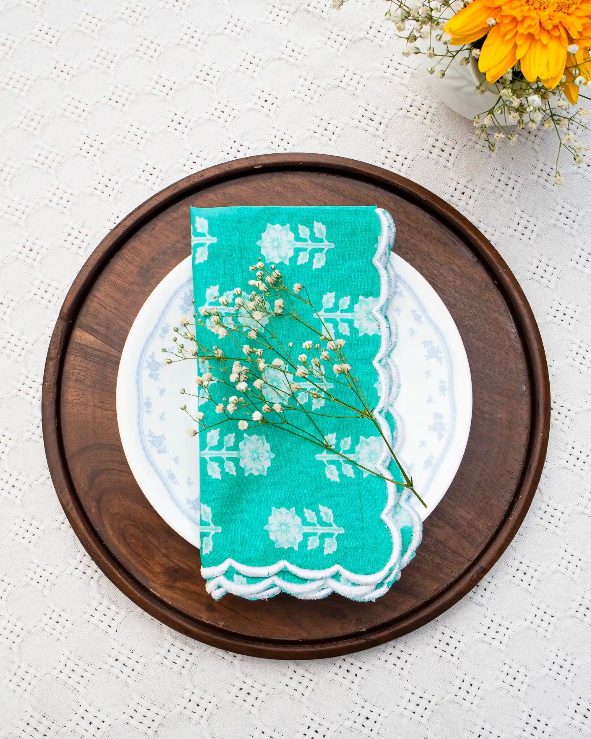 Turquoise Flower Napkin (Set of 6) | Singhvis