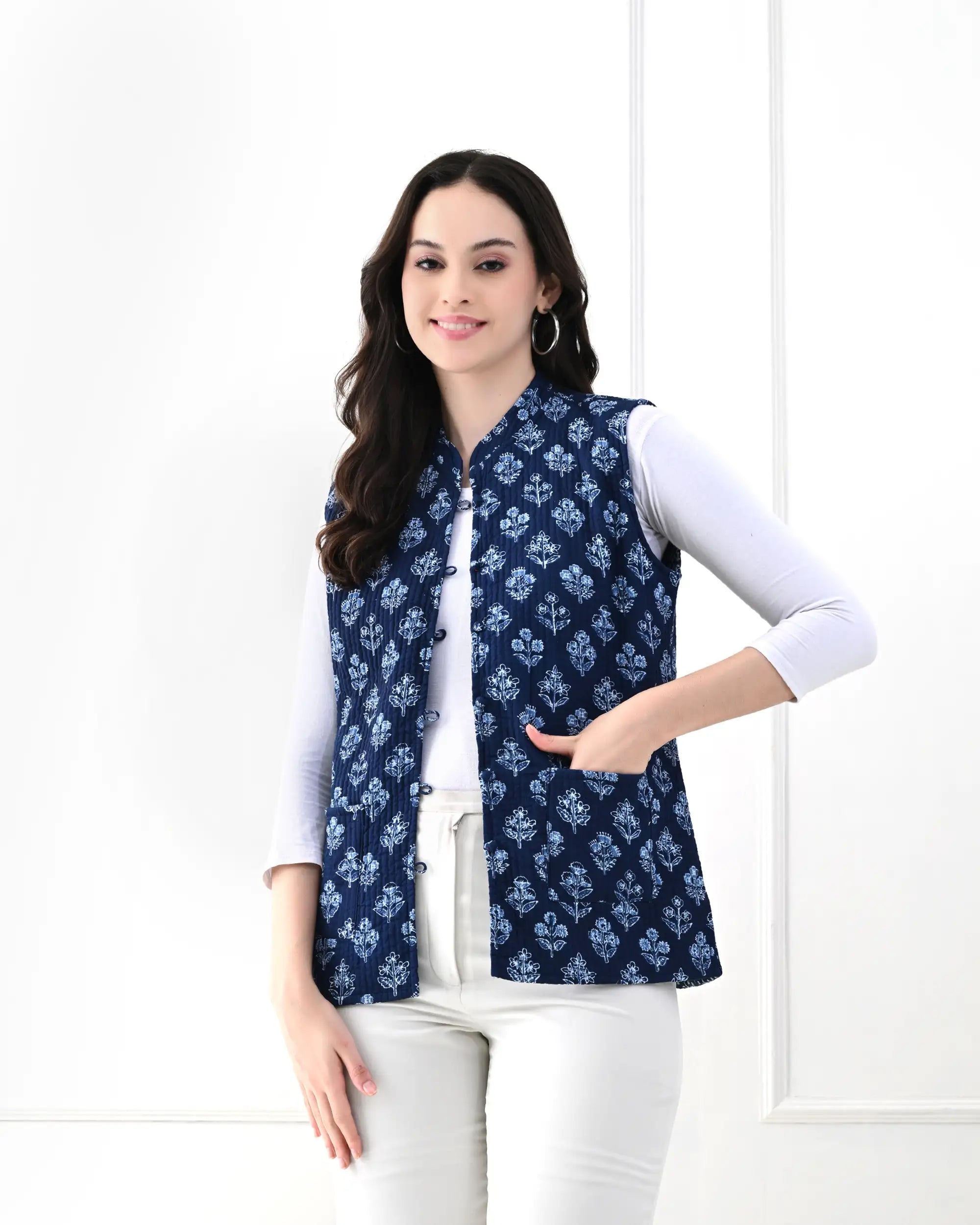 Midnight Blue Floral Quilted Vest | Singhvis