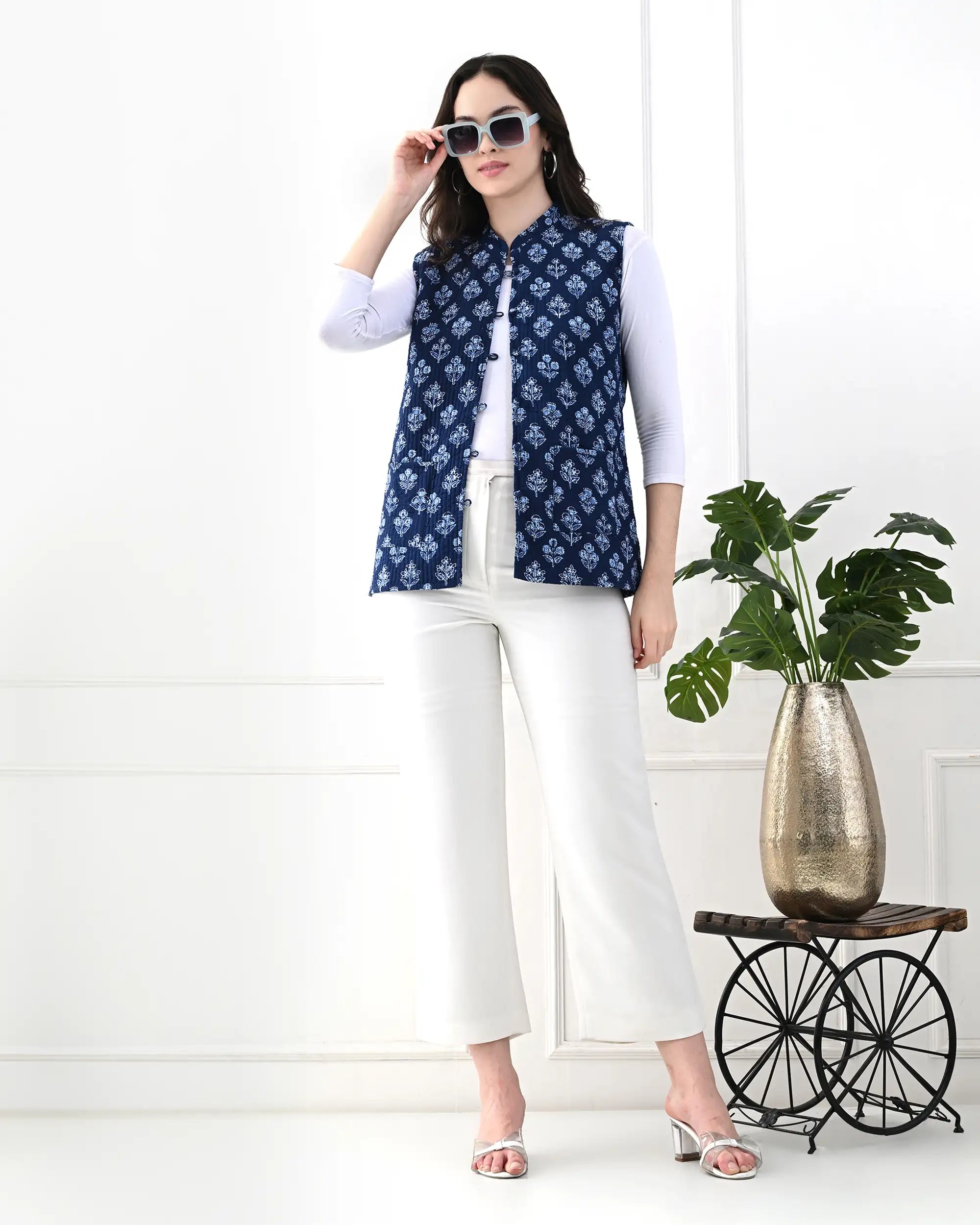 Midnight Blue Floral Quilted Vest | Singhvis