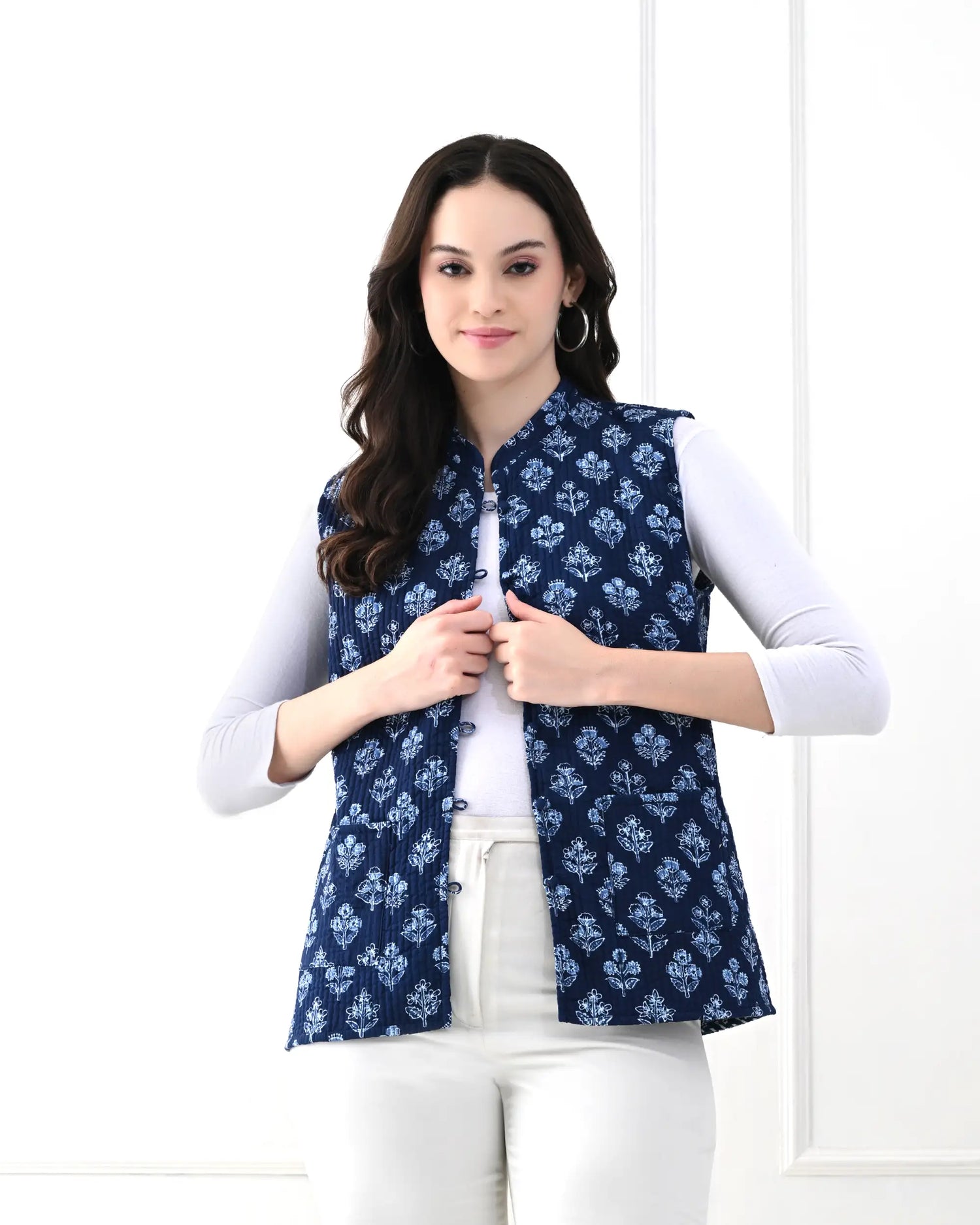 Midnight Blue Floral Quilted Vest | Singhvis