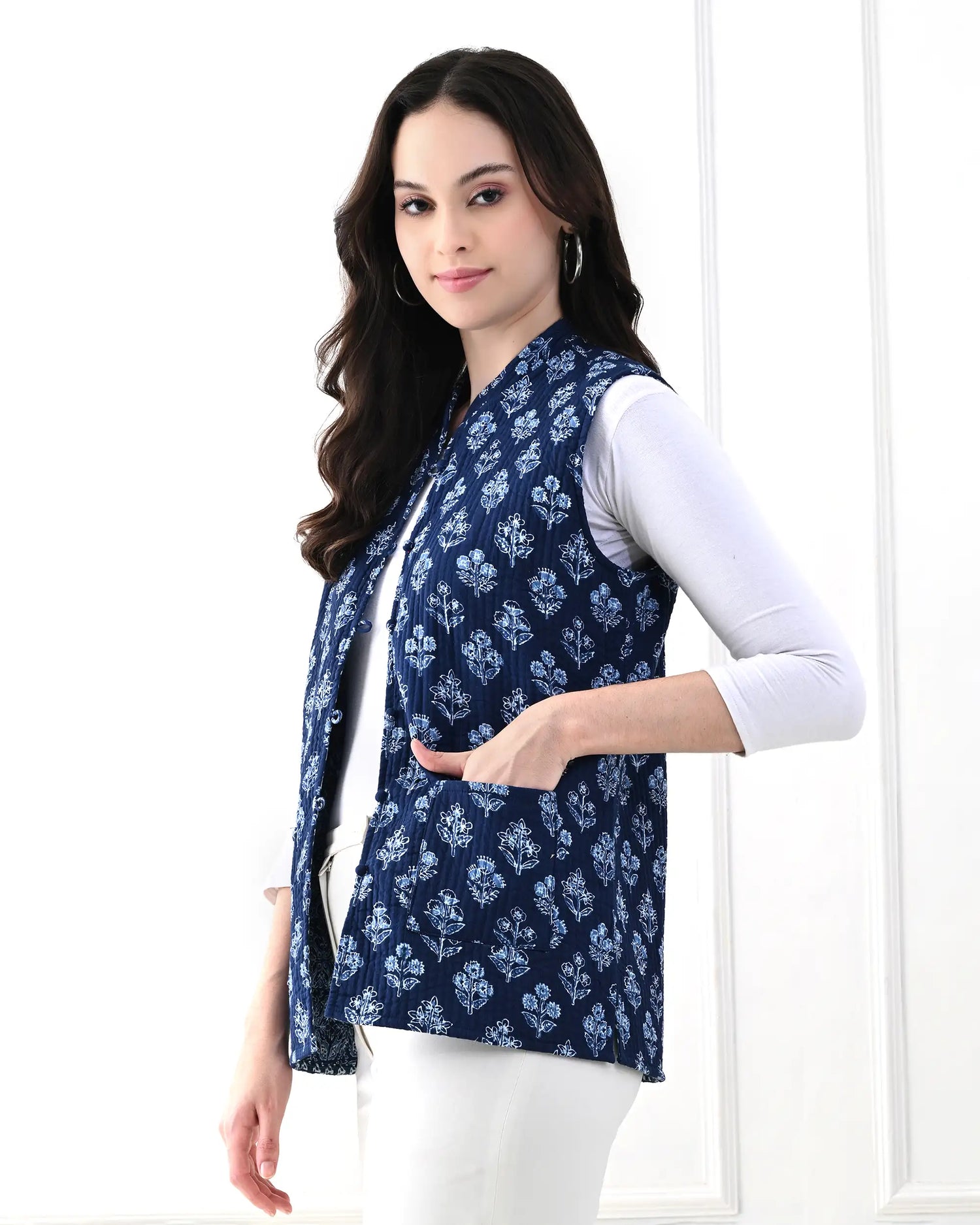 Midnight Blue Floral Quilted Vest | Singhvis