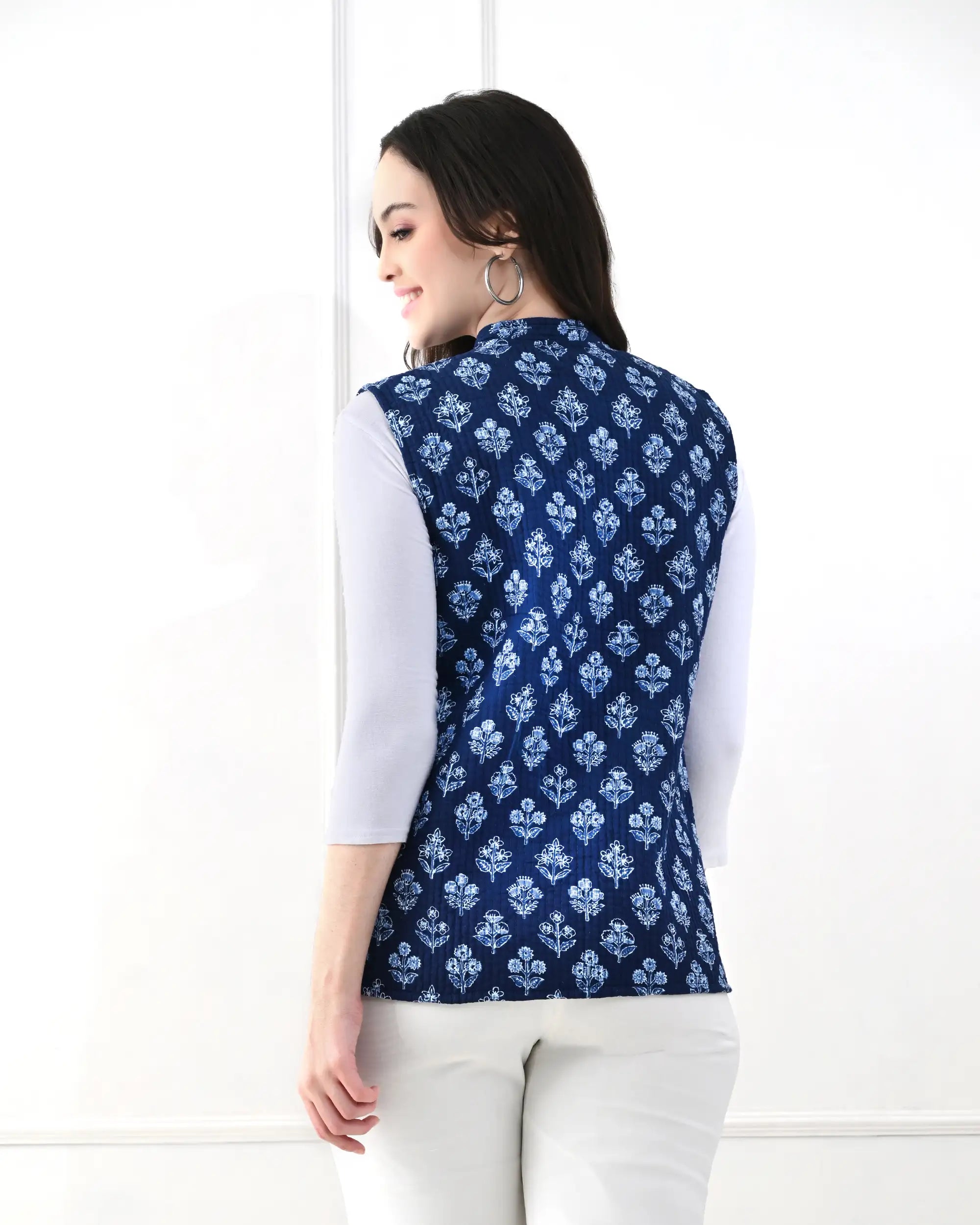 Midnight Blue Floral Quilted Vest | Singhvis