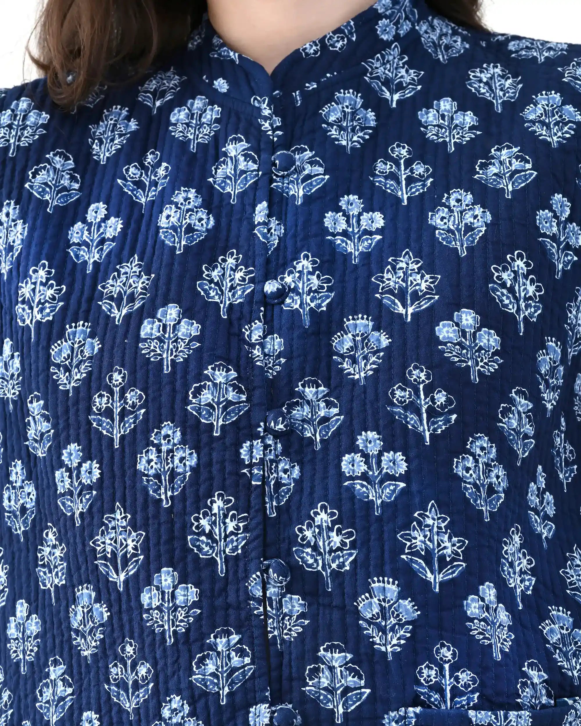 Midnight Blue Floral Quilted Vest | Singhvis