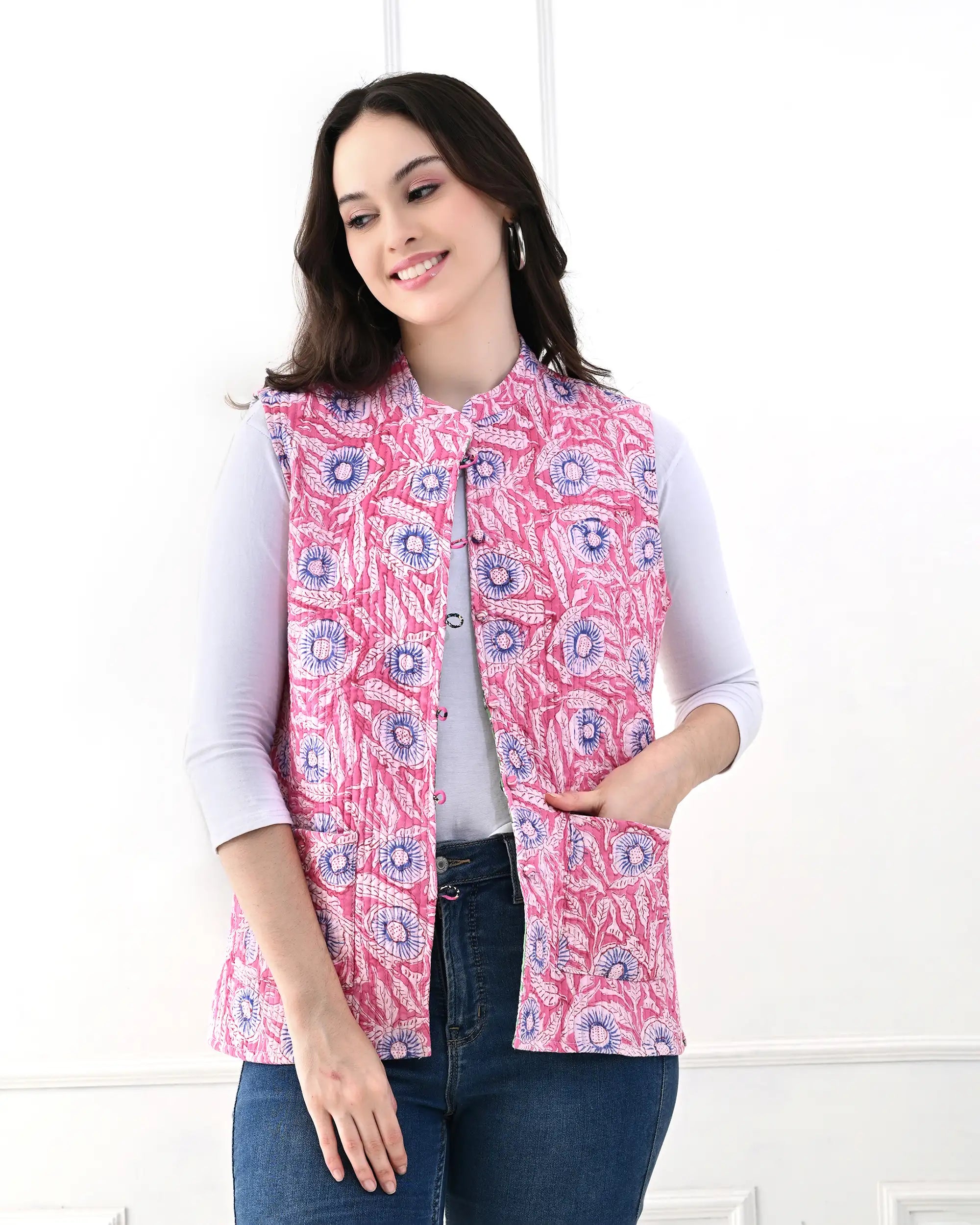 Pink Bubble Floral Quilted Vest | Singhvis