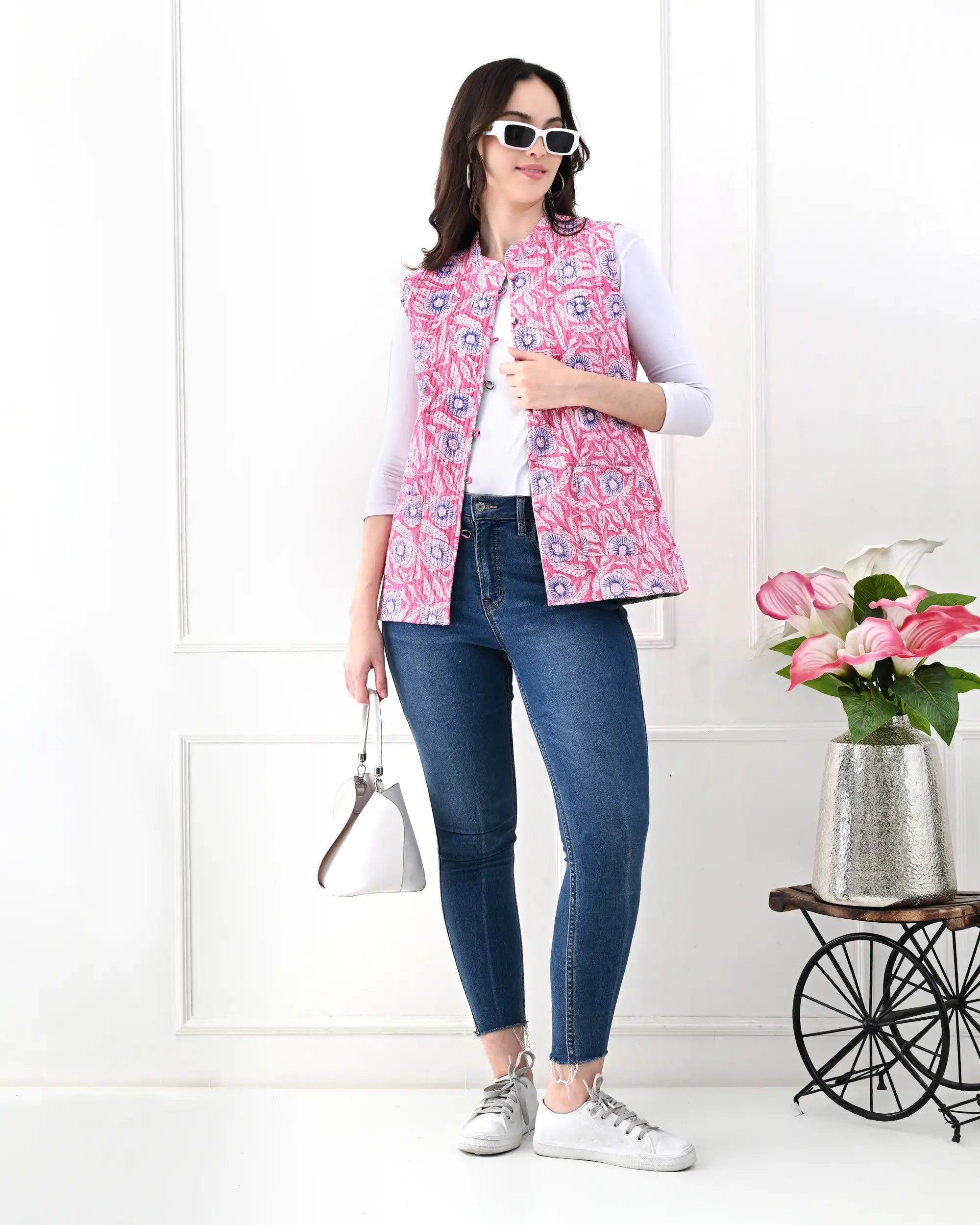 Pink Bubble Floral Quilted Vest | Singhvis
