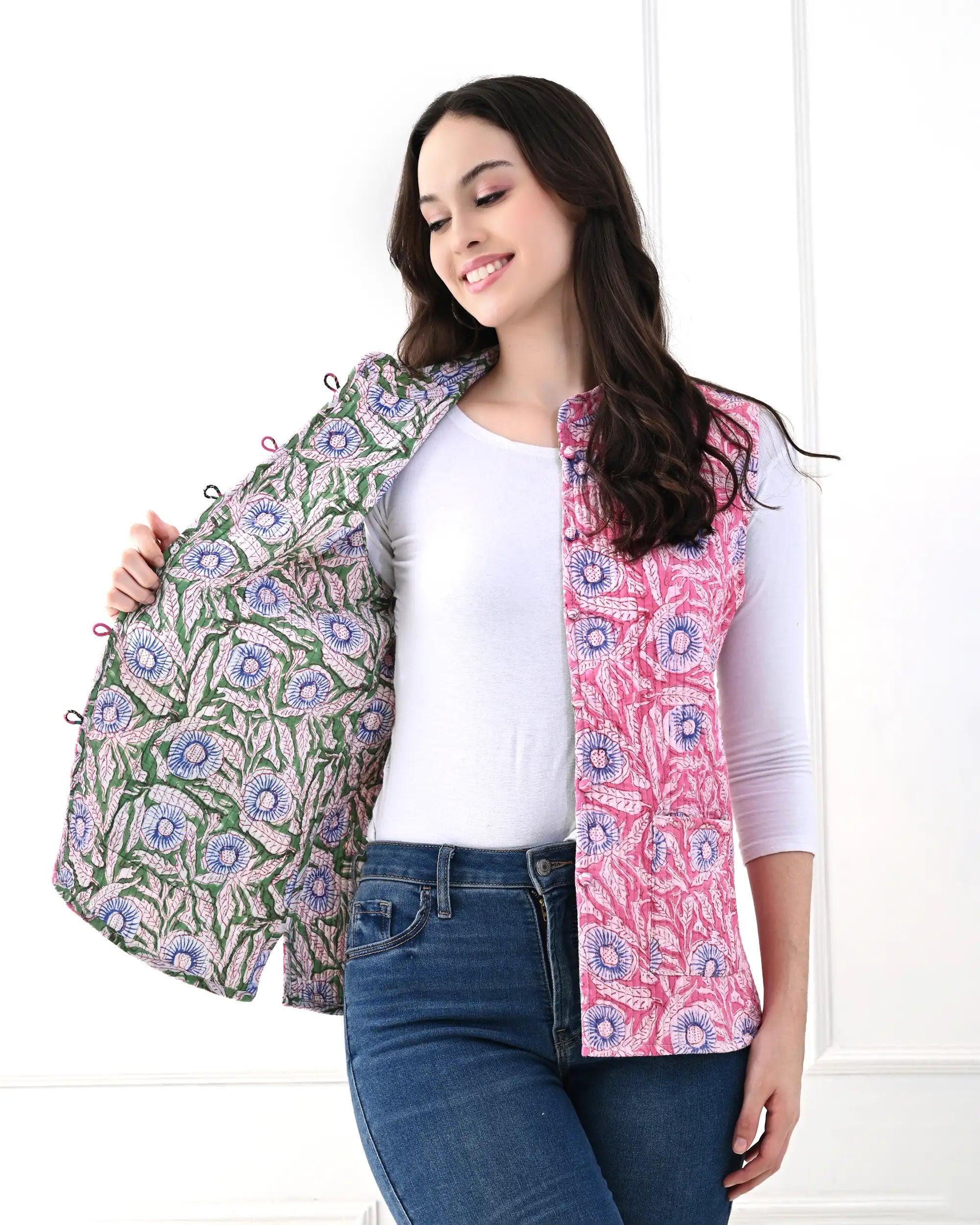 Pink Bubble Floral Quilted Vest | Singhvis