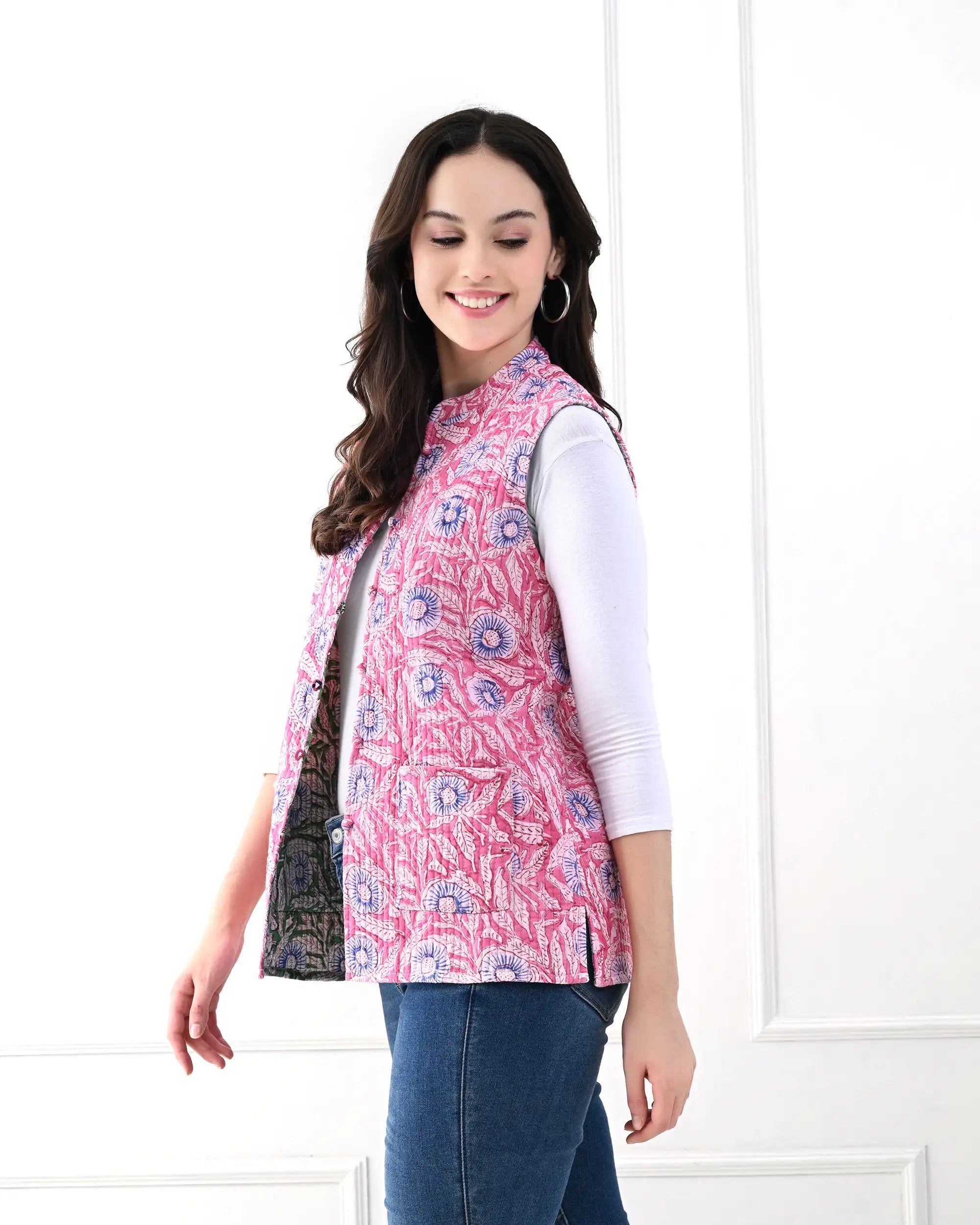 Pink Bubble Floral Quilted Vest | Singhvis