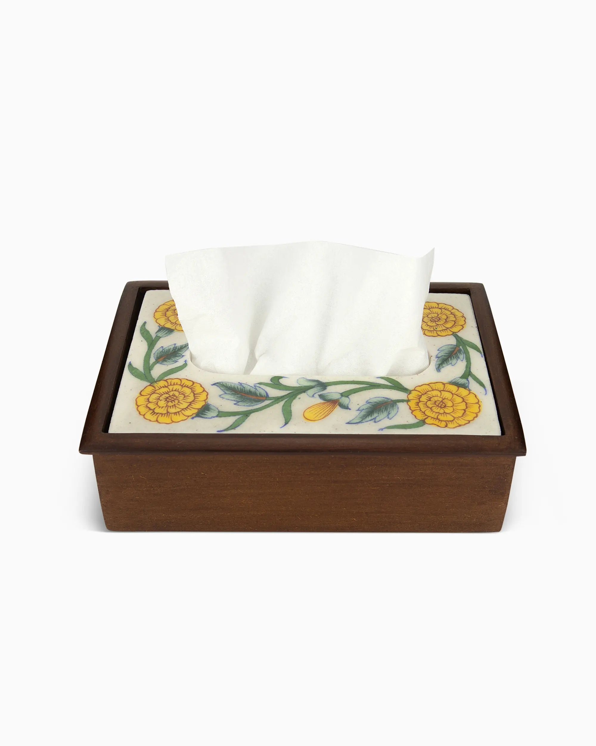 Wooden Tissue Box Holder with Ceramic Tile White | Singhvis