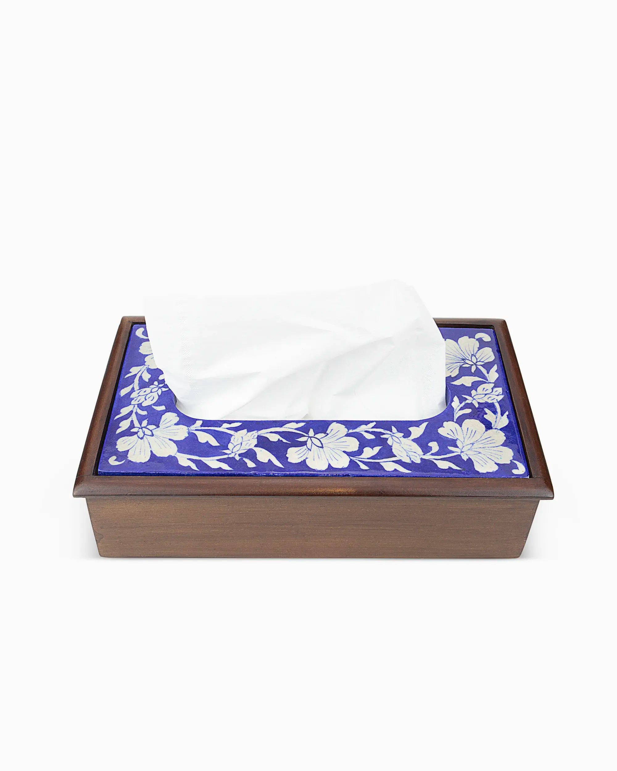Wooden Tissue Box Holder with Ceramic Tile Blue | Singhvis