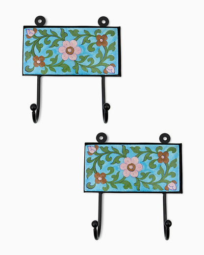 Ceramic Iron Tile Hook (Set of 2) Blue | Singhvis