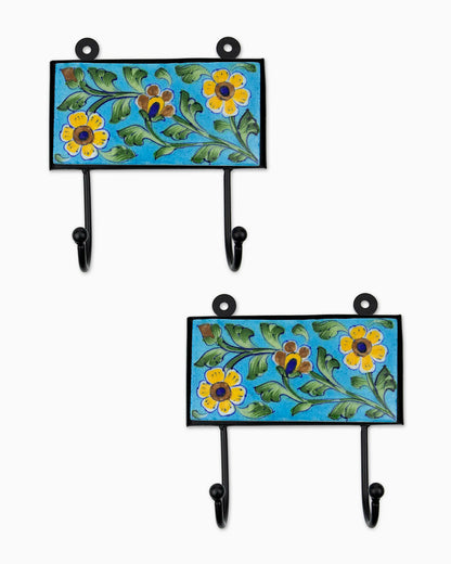 Ceramic Iron Tile Hook (Set of 2) Blue | Singhvis
