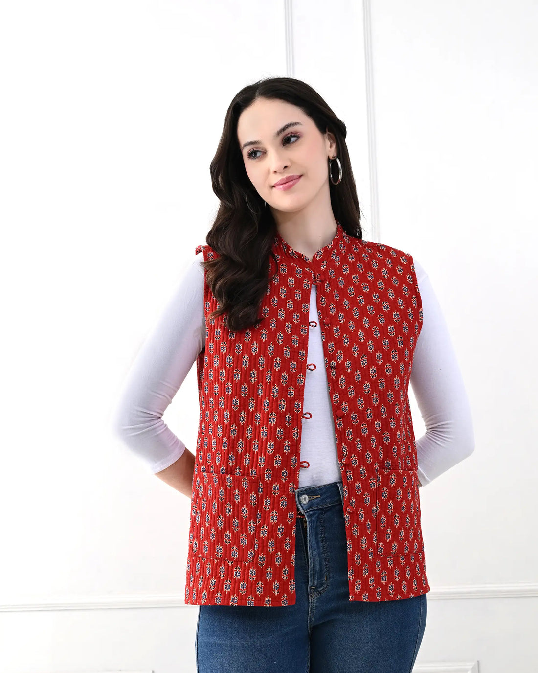 Crimson Floral Quilted Vest | Singhvis
