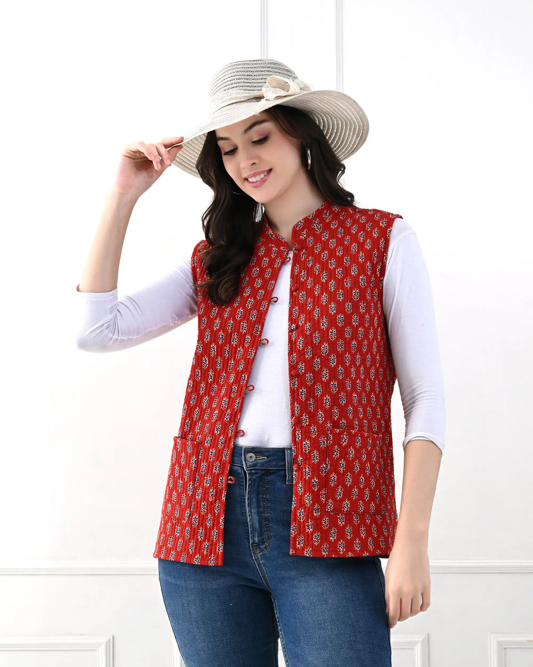 Crimson Floral Quilted Vest | Singhvis
