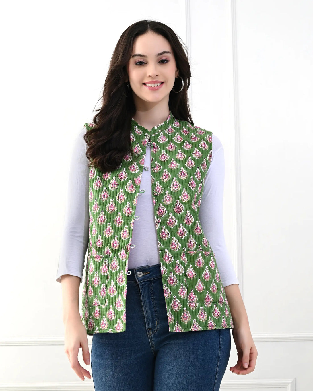 Emerald Floral Quilted Vest | Singhvis